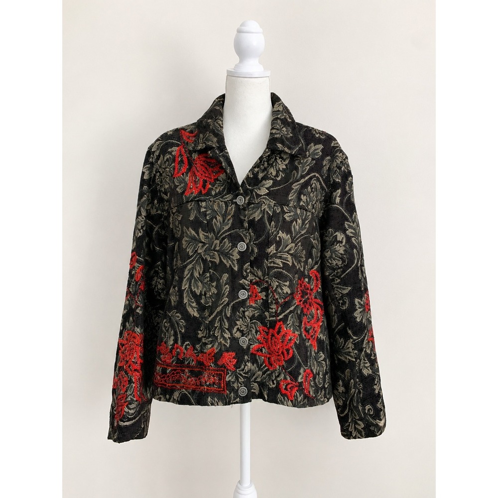 Chicos Vintage Black Sparkle Brocade Beaded Embroidered Floral Jacket 2 L 12/14